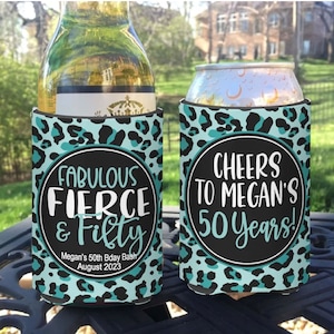 Leopard Print 50th Birthday Can Cooler: Personalized Party Favors Drink Coolies