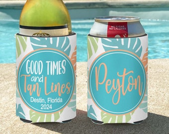 Beach vacation Coastal Themed insulated can/bottle coolers - personalized - Good Times and Tan Lines Bachelorette Part or Birthday Cozies