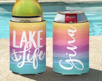 Lake Life Personalized Insulated can bottle coolers  Lake House Gift - Watercolor Sunset Lake Life Coolie