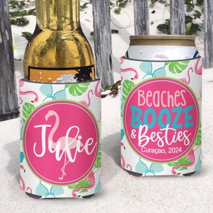 Family Beach Vacation Insulated can bottle coolers.  Beaches Booze and Besties. Flamingo Bikini Coolies.