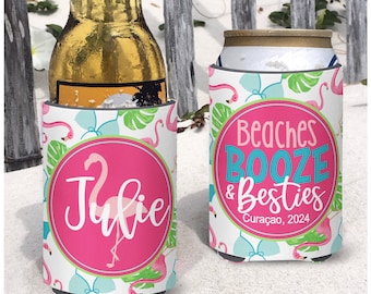 Family Beach Vacation Insulated can bottle coolers.  Beaches Booze and Besties. Flamingo Bikini Coolies.