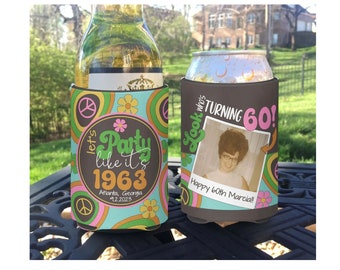 Custom 60s Themed Birthday Party Photo insulated can / bottle coolers - Individually Personalized - Retro 60s Photo Coolies