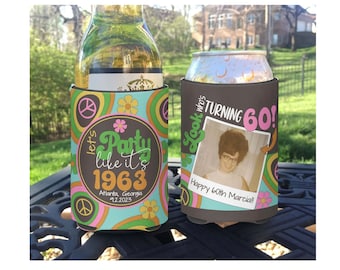 Custom 60s Birthday Photo Can Coolers: Personalized Retro Party Favors Drink Coolies