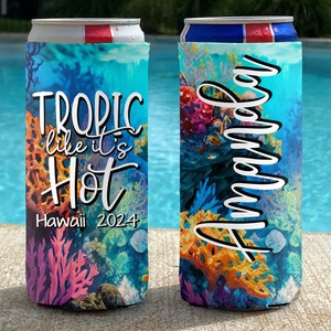 Personalized Beach Vacation Bright Coral Reef Slim Can Coolers - Tropic Like it's Hot - Bachelorette Slim Can Coolers - Personalized