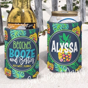 Family Beach Vacation Insulated can bottle coolers.  Beaches Booze and Besties. Pineapple Coolies. Girls Weekend Party Favors.