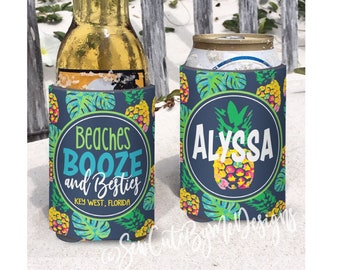 Family Beach Vacation Insulated can bottle coolers.  Beaches Booze and Besties. Pineapple Coolies.