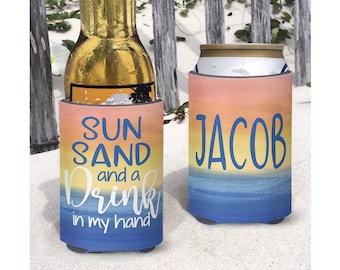 Sun Sand and a Drink in My Hand Personalized Insulated can bottle coolers Family Beach Vacation Girl's Weekend Watercolor Sunset Beach Cozie