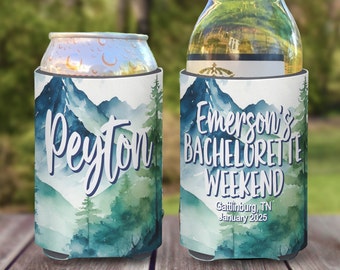 Ski Vacation Mountain Themed insulated can/bottle coolers - Weekend in the Woods - Bachelor Party - Birthday Party Coolies - Teal Mountains