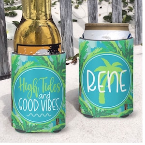 Family Beach Vacation Insulated can bottle coolers - High Tides and Good Vibes Teal and Green Palms