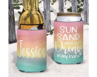 Sun Sand and a Drink in My Hand Personalized Insulated can bottle coolers  Lake or Beach Vacation - Watercolor Sunset Lake Coolie