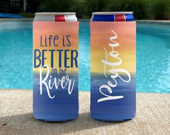 Personalized Slim Can Coolie - Life is Better on the River Vacation Slim Can Coolers - Girls Weekend - Watercolor Sunset Slim Can Coolers