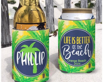 Beach bachelorette vacation palm tree Coastal Themed insulated can/bottle coolers - personalized - Yellow Palms Life is Better at the Beach