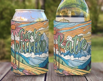 Girls Weekend in the Woods Camping Themed insulated can/bottle coolers - Mountain Ski Trip Watercolor Coolies