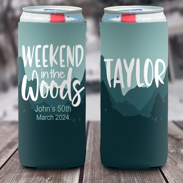 Personalized Slim Can Coolers Mountain Vacation Birthday Bachelorette Bash - Weekend in the Woods Slim Coolies Party Favors