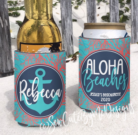 Beach Vacation / Bachelorette Party / Girls Beach Trip Coral Insulated Can  Bottle Coolers. Personalized. Aloha Beaches. Teal and Coral 