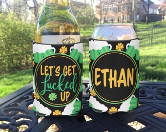 St. Patrick's Day Party insulated can bottle coolers - shamrocks - green beer - Personalized - St. Patricks Let's Get Lucked Up Party Favors