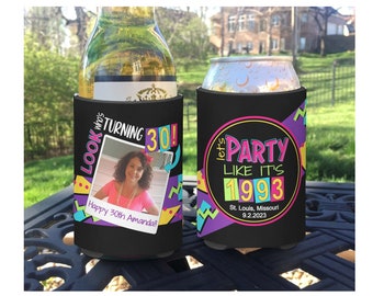 Custom 90s Birthday Party Photo Can Coolers: Retro Party Favors Drink Coolies