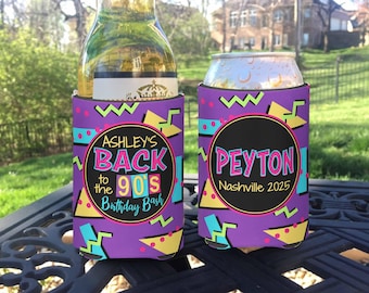 Retro 90s Themed Birthday Party favors insulated can / bottle coolers - Individually Personalized - Back to the 90s funny party favors