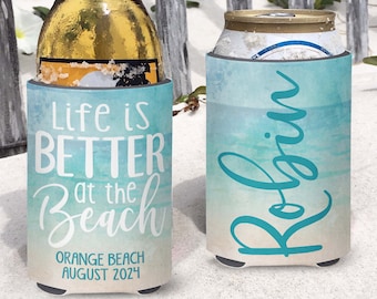 Life is Better at the Beach Vacation insulated can/bottle coolers - Watercolor Beach Coolies for Family Beach Trip