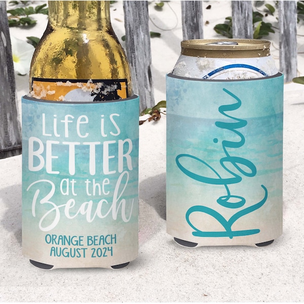 Life is Better at the Beach Vacation insulated can/bottle coolers - Watercolor Beach Coolies for Family Beach Trip