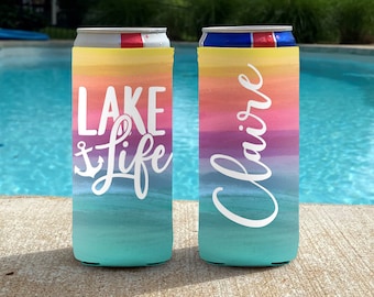 Lake Life Vacation Slim Can Coolers - Life is Better at the Lake - Personalized Girls Weekend coolies - Watercolor Sunset Slim Can Coolers