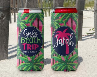 Personalized Beach Vacation Slim Can Coolies Girls Trip Slim Can Cooler in Blue Tropical Palms