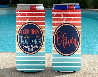 Personalized Slim Can Cooler: Ombre Sunset, Beach Vacation Favor Drink Coolies