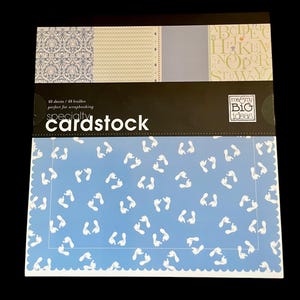May include: Specialty cardstock paper pack with various patterned designs. Includes a blue background with white footprints, a damask pattern, and an alphabet design. The package reads "me & my BIG ideas."