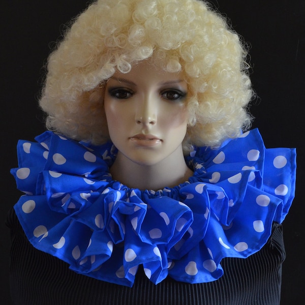 Blue with white polka dot - clown circus collar - fancy dress ruff/ruffle with spots