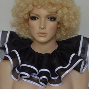 Black and white Pierrot inspired clown collar ruffle, 2 layers black polyester chiffon fabric with white trim