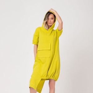 Yellow Dress, Hooded KIMI Pistachio Dress, Mustard Dress, Plus Size Dress, Summer Dress, Futuristic Dress, Hoodie Dress, Modern Dress,Adeptt