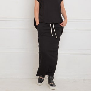 Black Cotton Jersey Maxi Skirt: Asymmetrical Overlap, Plus Size