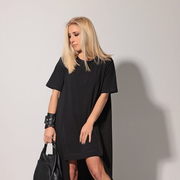 Plus size gothic dress for women - Asymmetrical plus size dress - Black steampunk midi dress by ADEPTT