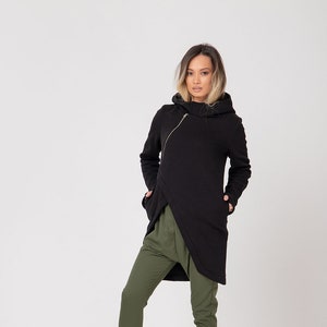Black Hooded Asymmetrical Jacket: Women&#39;s Sporty Sweatshirt