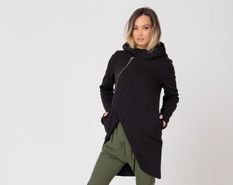 Black Hooded MANIQA Jacket, Hooded Fall Jacket, Women Jacket, Plus Size Clothing, Hoodie Jacket, Zipper Jacket, Long Sleeve Jacket, Adeptt