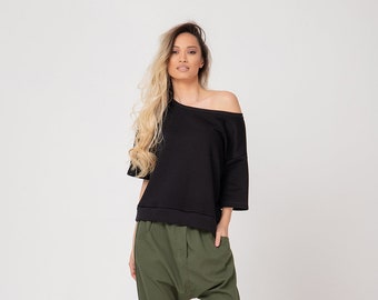 Black Blouse, Off Shoulder Blouse, Women Blouse / NESSI / Plus Size Blouse, One Shoulder Blouse, Loose Blouse, Long Sleeve Blouse, Adeptt