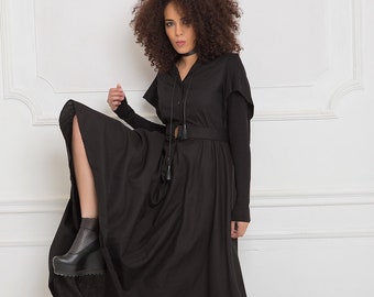 Black Linen Dress With Belt, Gothic Dress, Steampunk Dress, Plus Size Dress, Linen Maxi Dress, Women Linen Dress, Linen Clothing, Gothic