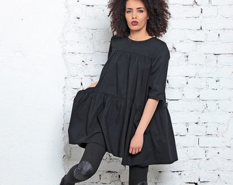 Plus size gothic dress in black - Flared cocktail dress with pockets - Black loose dress for sexy women