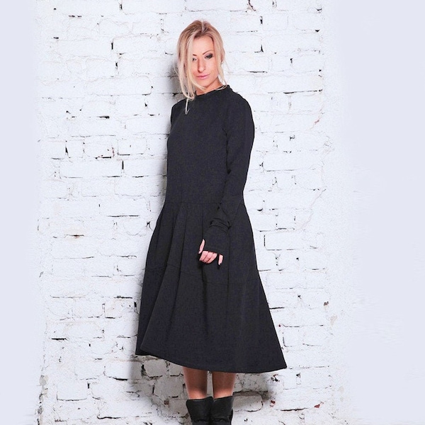 Minimalist Dress In Black / Sweater Dress / Black Goth Dress / Long Sleeve Dress / Minimalistic Dress / Plus Size Dress / Maxi Winter Dress