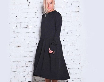 Minimalistische jurk in zwart / trui jurk / zwarte goth jurk / lange mouwen jurk / minimalistische jurk / plus size jurk / maxi winterjurk