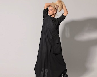 Linen Maxi Dress, Linen Clothing, Wrap Dress In Black, Maxi Linen Dress, Black Maxi Dress, Plus Size Dress, Linen Kaftan, Short Sleeve Dress