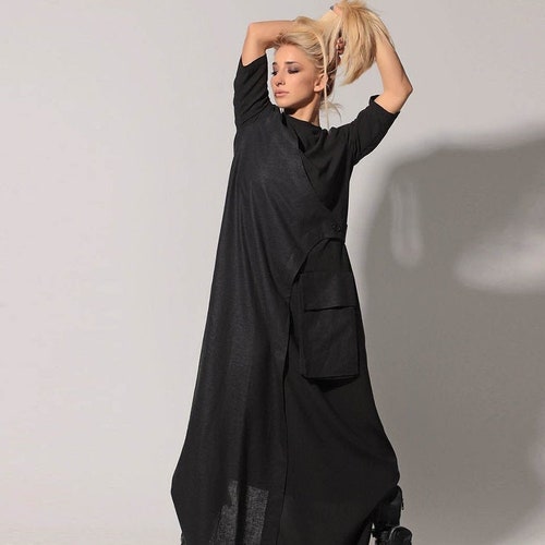 Linen Maxi Dress, Linen Clothing, Wrap Dress In Black, Maxi Linen Dress, Black Maxi Dress, Plus Size Dress, Linen Kaftan, shops Short Sleeve Dress