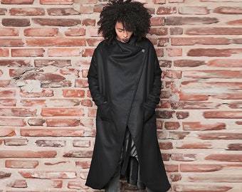 Black Coat, Maxi Coat, Futuristic Clothing, Black Cape, Long Coat, Asymmetric Coat, Dystopian Outerwear, Wool Coat, Winter Coat, Fall Jacket