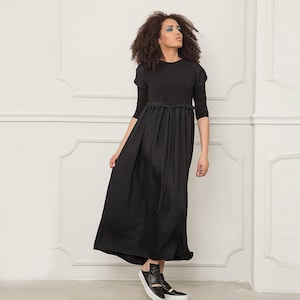 Black Viscose Maxi Kaftan Dress: Women&#39;s Jersey Knit Long Dress