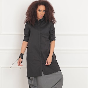 Black Cotton Tunic Shirt: Gothic Long Sleeve Collar Blouse