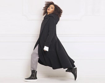 Plus Size Wool Coat for Women | Black Cashmere Blend Winter Coat | Hooded Maxi Coat with Flared Back | Elegant Winter Outerwear by ADEPTT