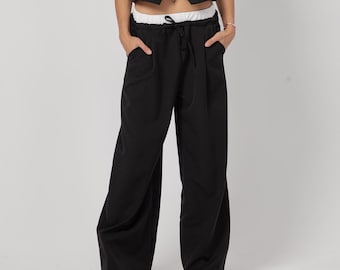 Wide-Leg Black Pants With Dual Waistband, High-Waisted  Pants, Winter Pants /HARPER/ Wide Leg Pants, Extravagant Pants, Loose Pants