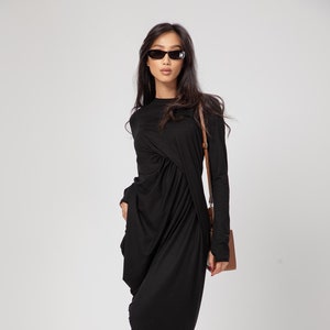 knee length dresses for ladies Black Draped Midi Dress L main image 1
