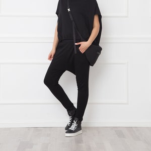 Slim Leg Black Harem Pants: Urban Drop Crotch Cotton Trousers