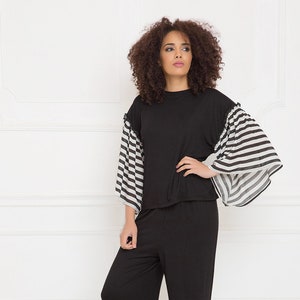 Black Viscose Blouse: Women&#39;s Top with Wide Gathered Sleeves